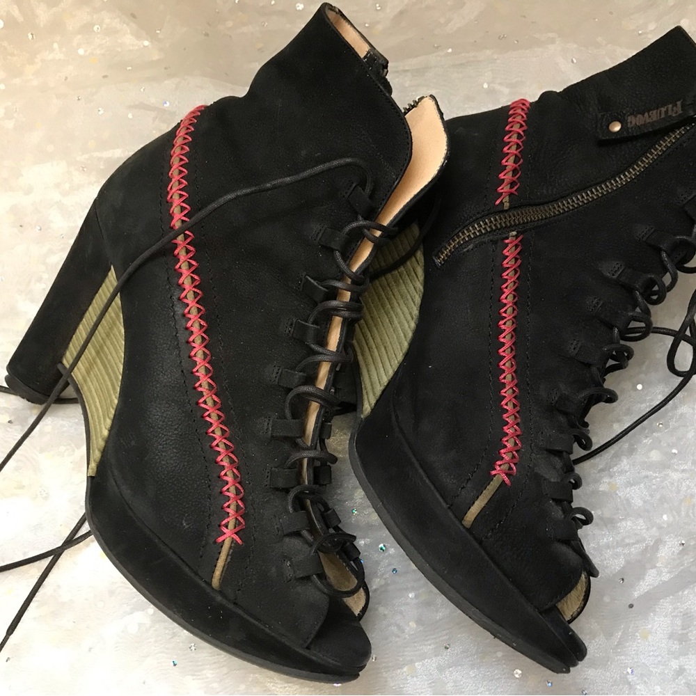 Fluevog Black and pink lace Wedgies